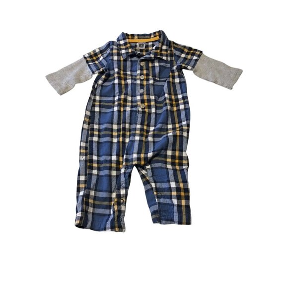 Carters Infant Boy's Size 9 Month Romper Long Sleeve Plaid Blue Yellow Preowned - Picture 1 of 7